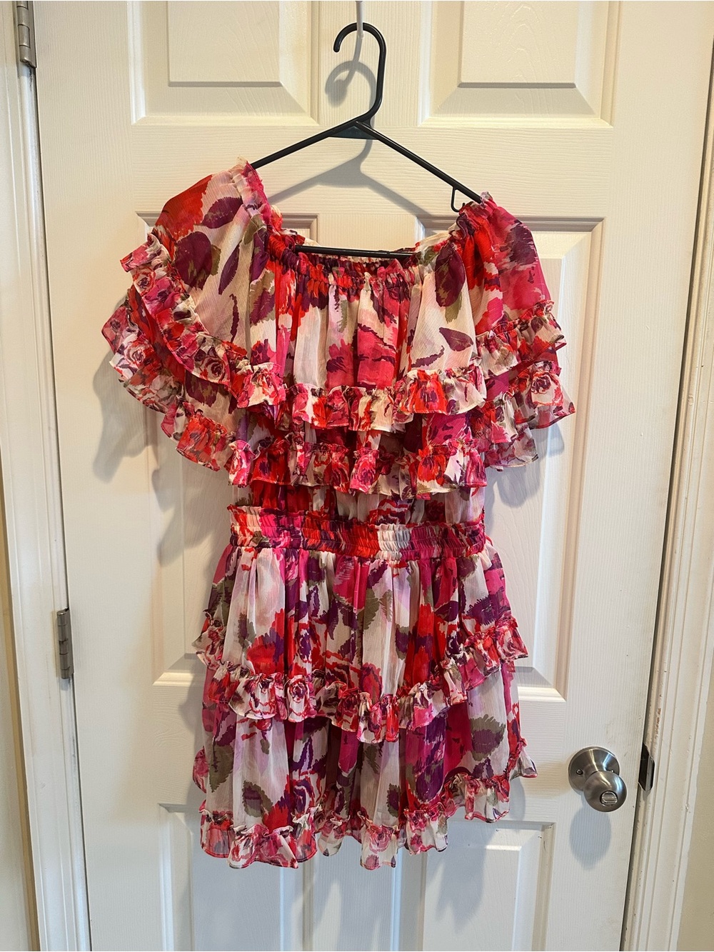 MISA Los Angeles Floral Off-Shoulder Mini Dress Pink Tiered Ruffle Womens Medium